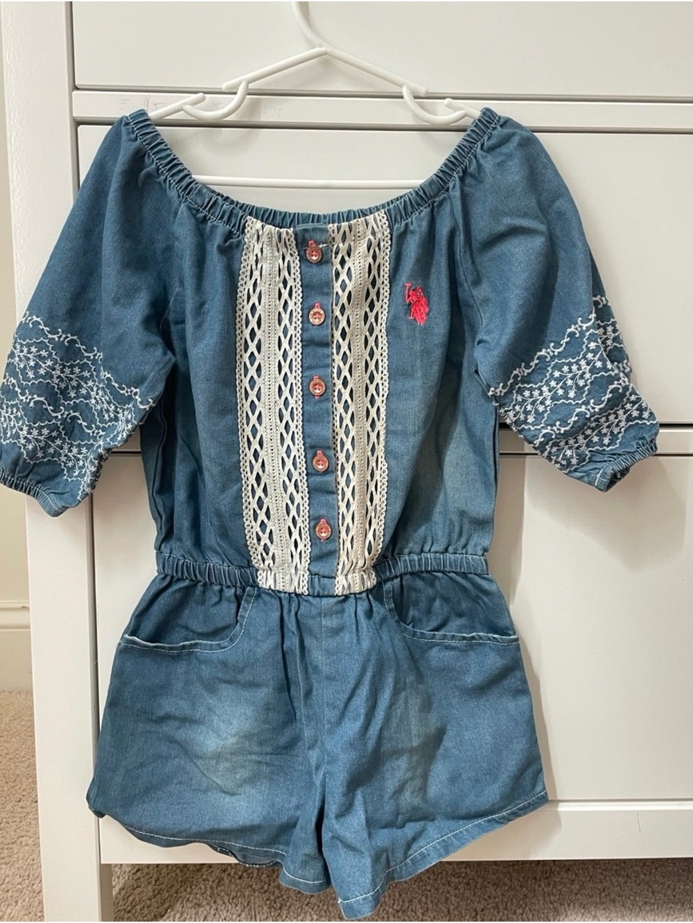 U.S. Polo Assn. Blue Denim Girls' Off-Shoulder Romper with White Crochet